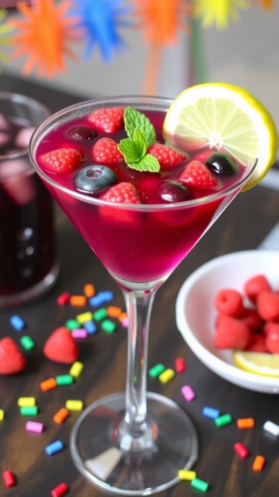 Berry Boo-tini mocktail in a martini glass with mixed berries and mint garnish on a festive table.